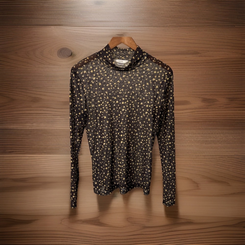 Numph Anthropologie Shirt Sheer Hearts Long Sleeve Lightweight Black Gold‎ Large